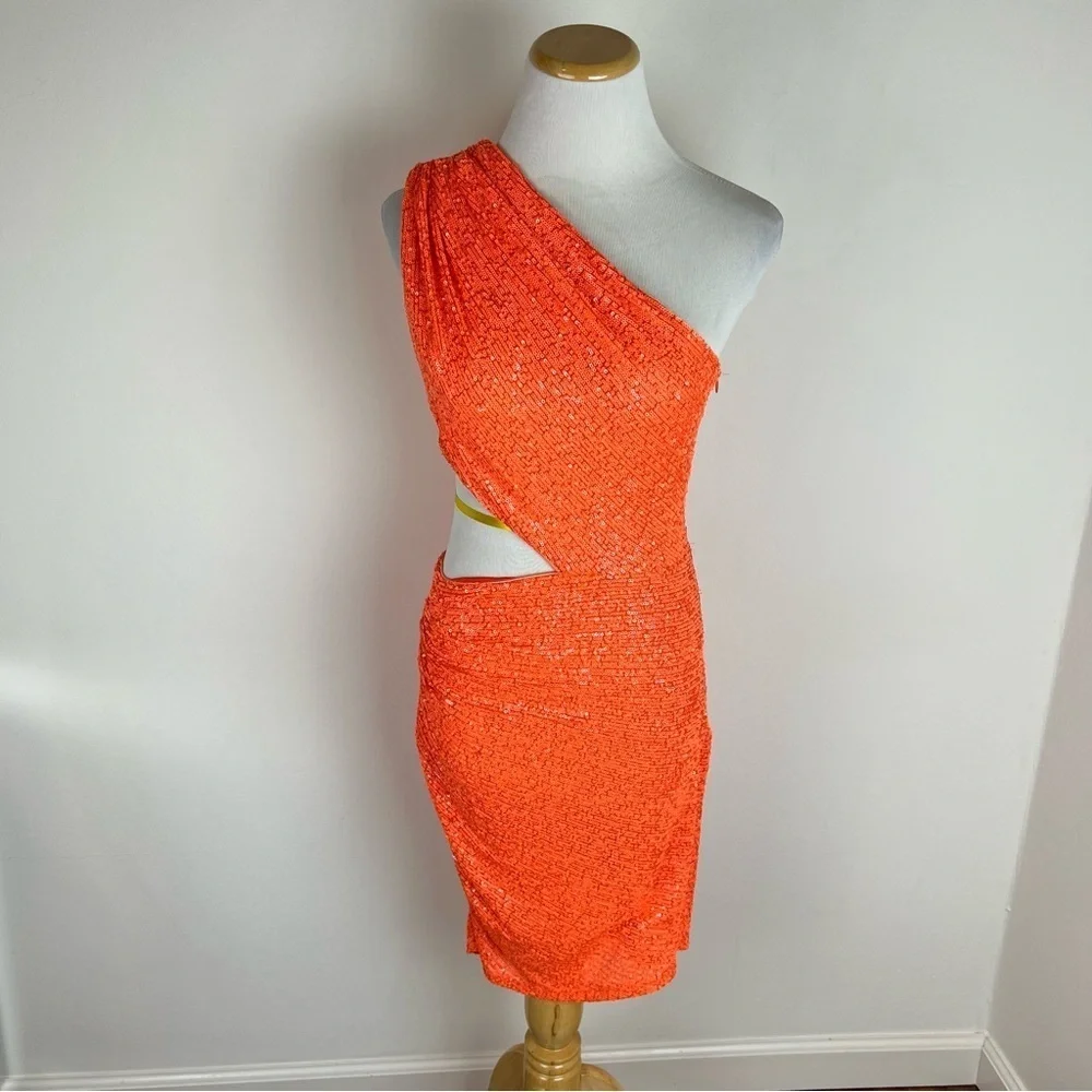Sho by Tadashi Shoji Orange Sequin One Shoulder Mini Dress Size 8